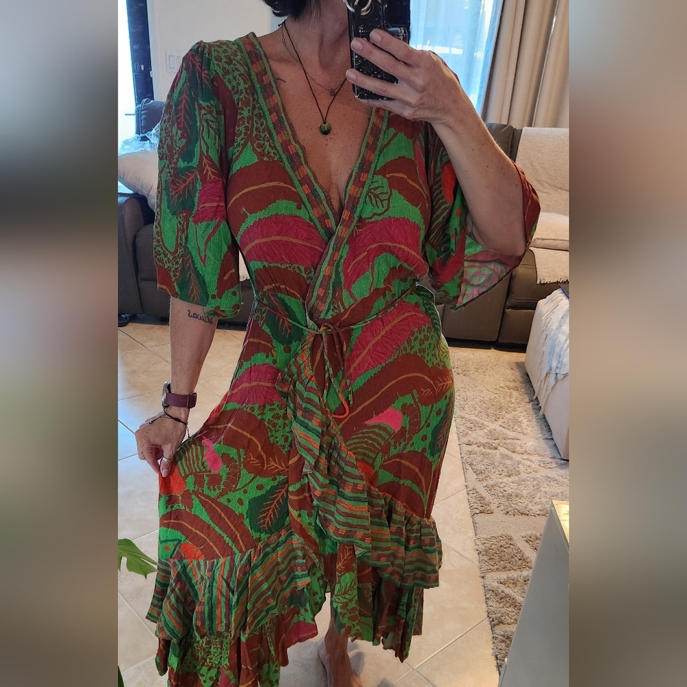 FARM Rio Green and Red Asymmetrical Wrap Sundress